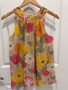 Trina Turk Beige Halter Dress with Pink, Yellow & Orange Floral Print